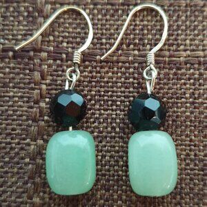 Pretty Vintage 925 Sterling Silver Aventurine & Black Glass Bead Dangle Earrings